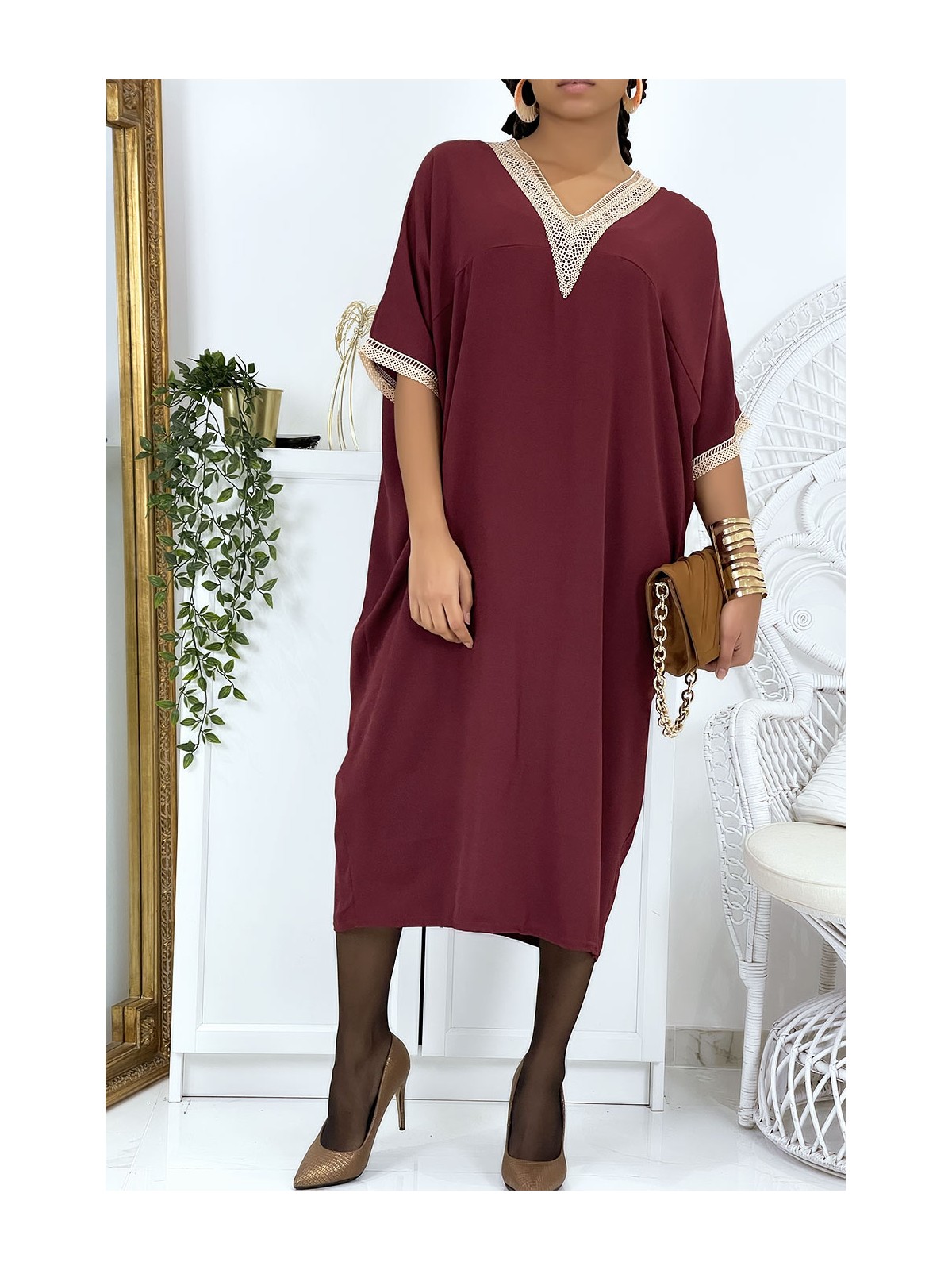 Robe tunique over size bordeaux vol V avec dentelle - 2