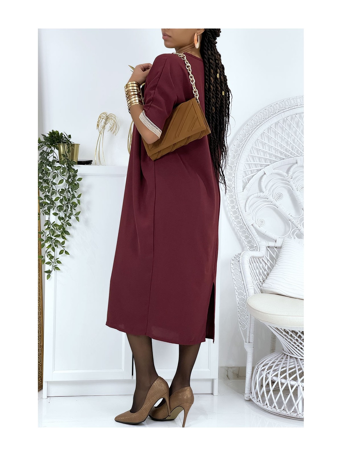 Robe tunique over size bordeaux vol V avec dentelle - 4