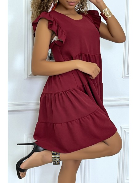 Robe bordeaux froncée à volant et coupe évasée - 4