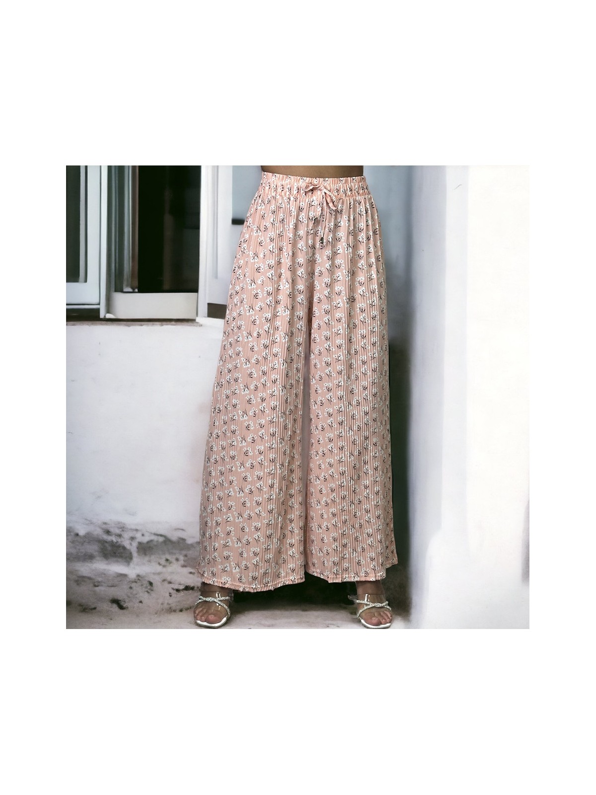 Pantalon palazzo plissé rose à motif - 2