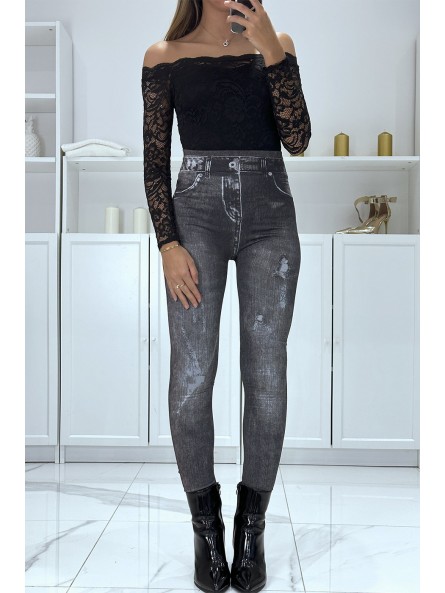 Legging noir taille haute et molletonné motif jean délavé et déchiré - 1