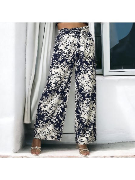 Pantalon palazzo motif fleuris marine - 1