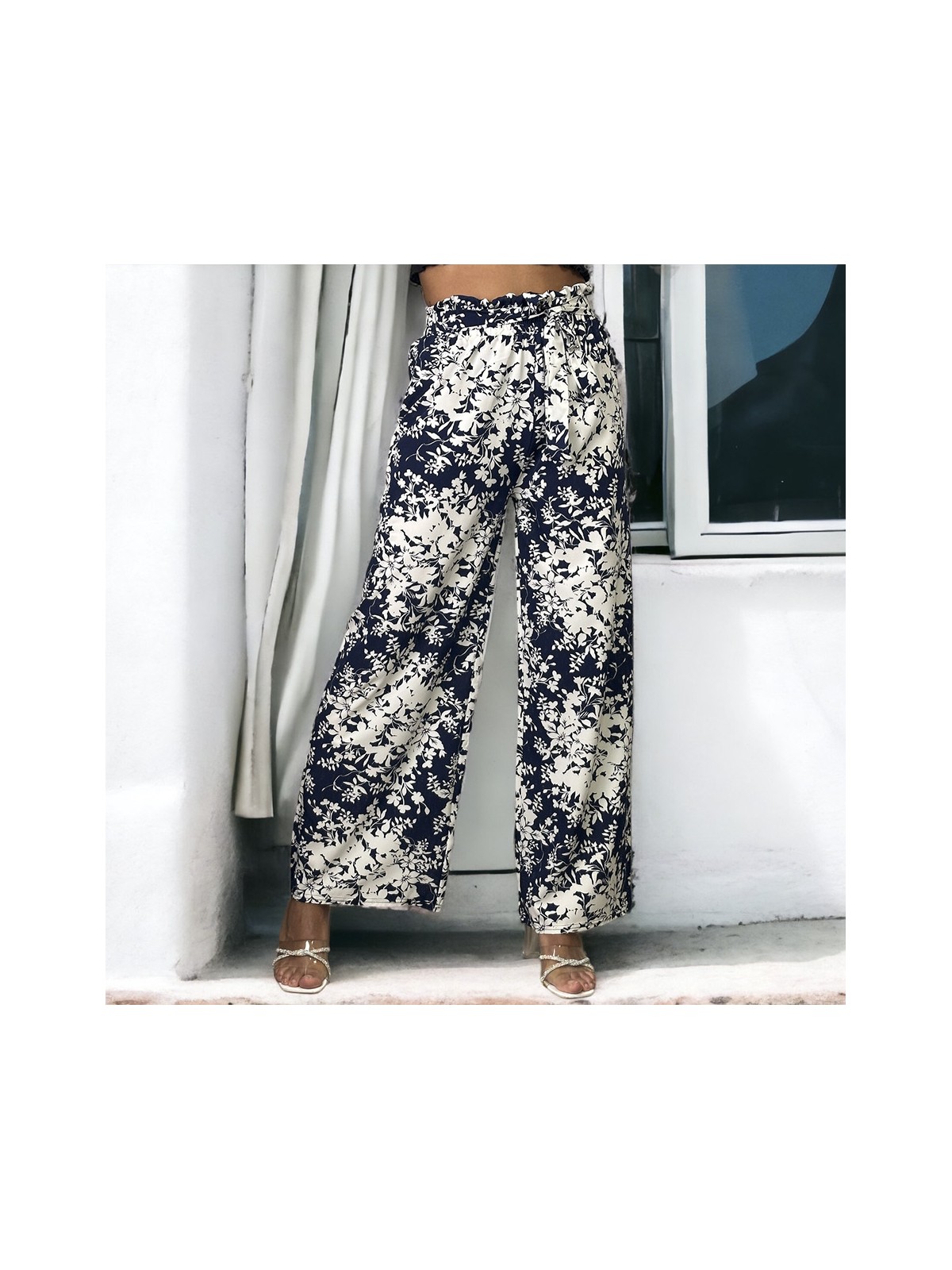 Pantalon palazzo motif fleuris marine - 1