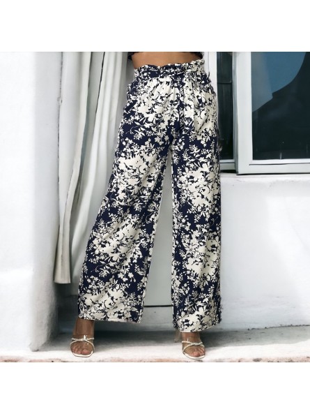 Pantalon palazzo motif fleuris marine - 2