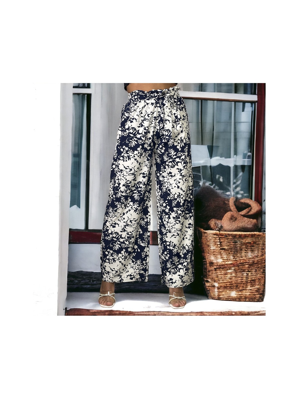 Pantalon palazzo motif fleuris marine - 3