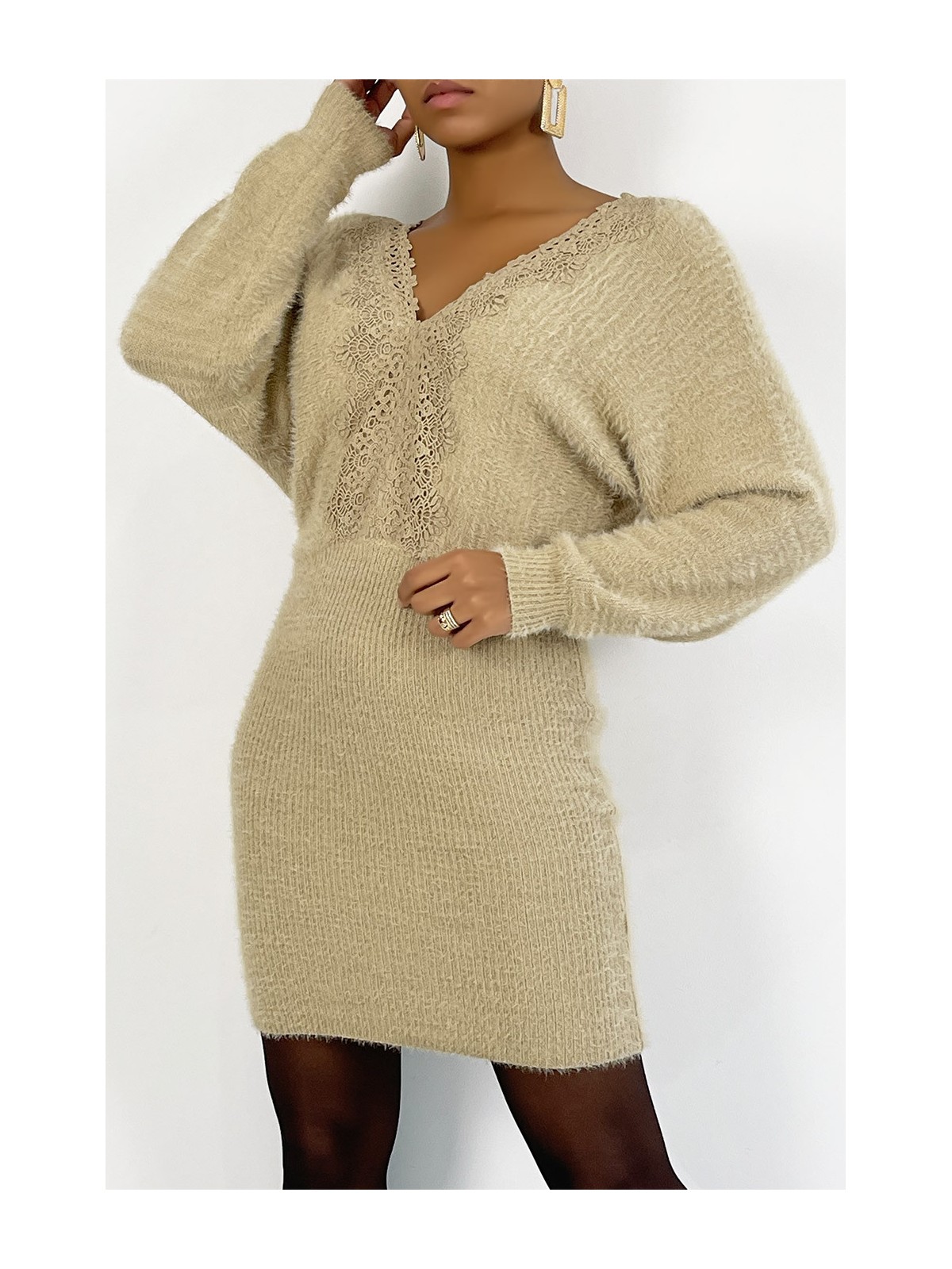 Robe moulante taupe col V hyper douce à poils et décolleté plongeant au dos - 1