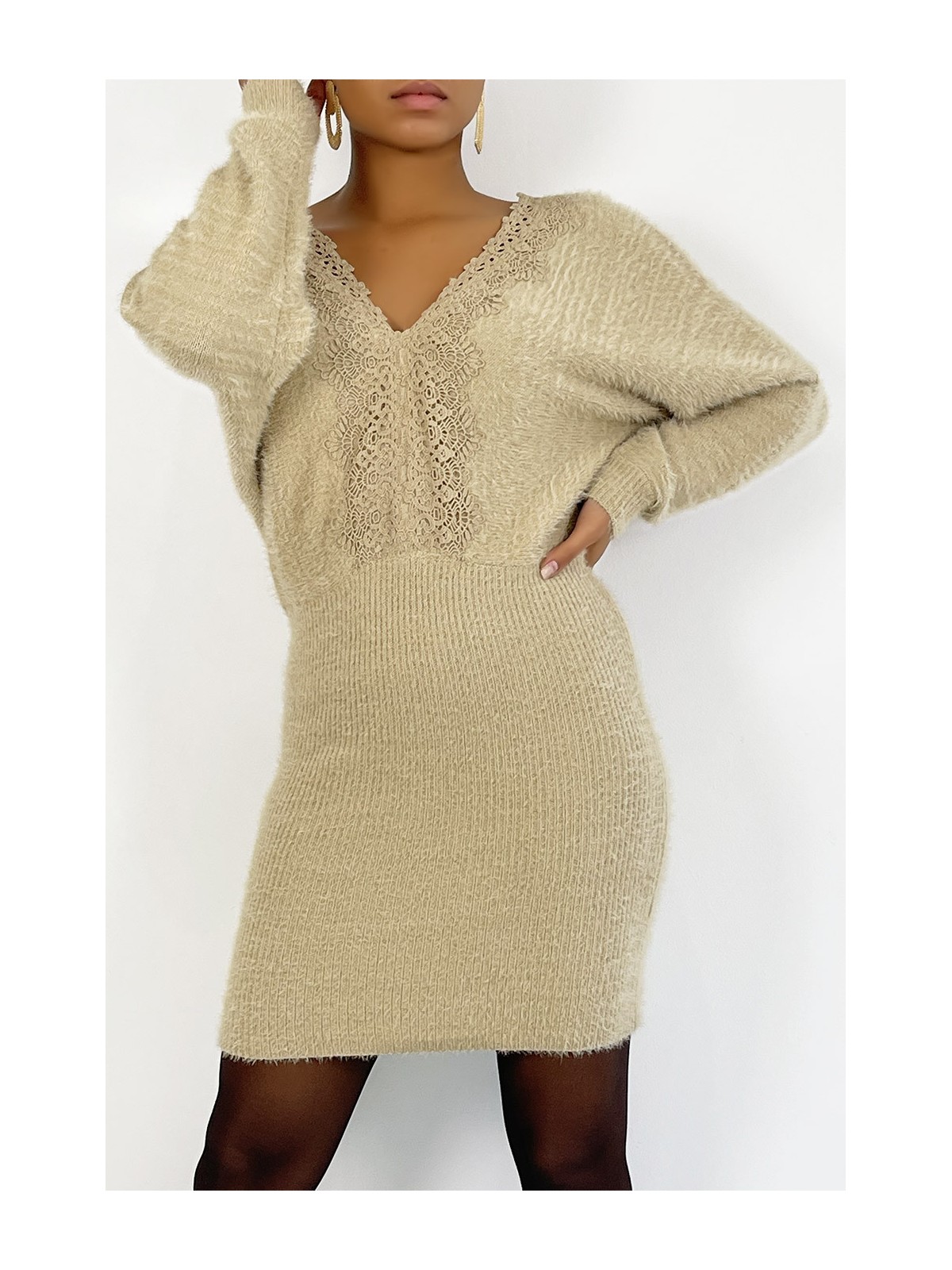 Robe moulante taupe col V hyper douce à poils et décolleté plongeant au dos - 2