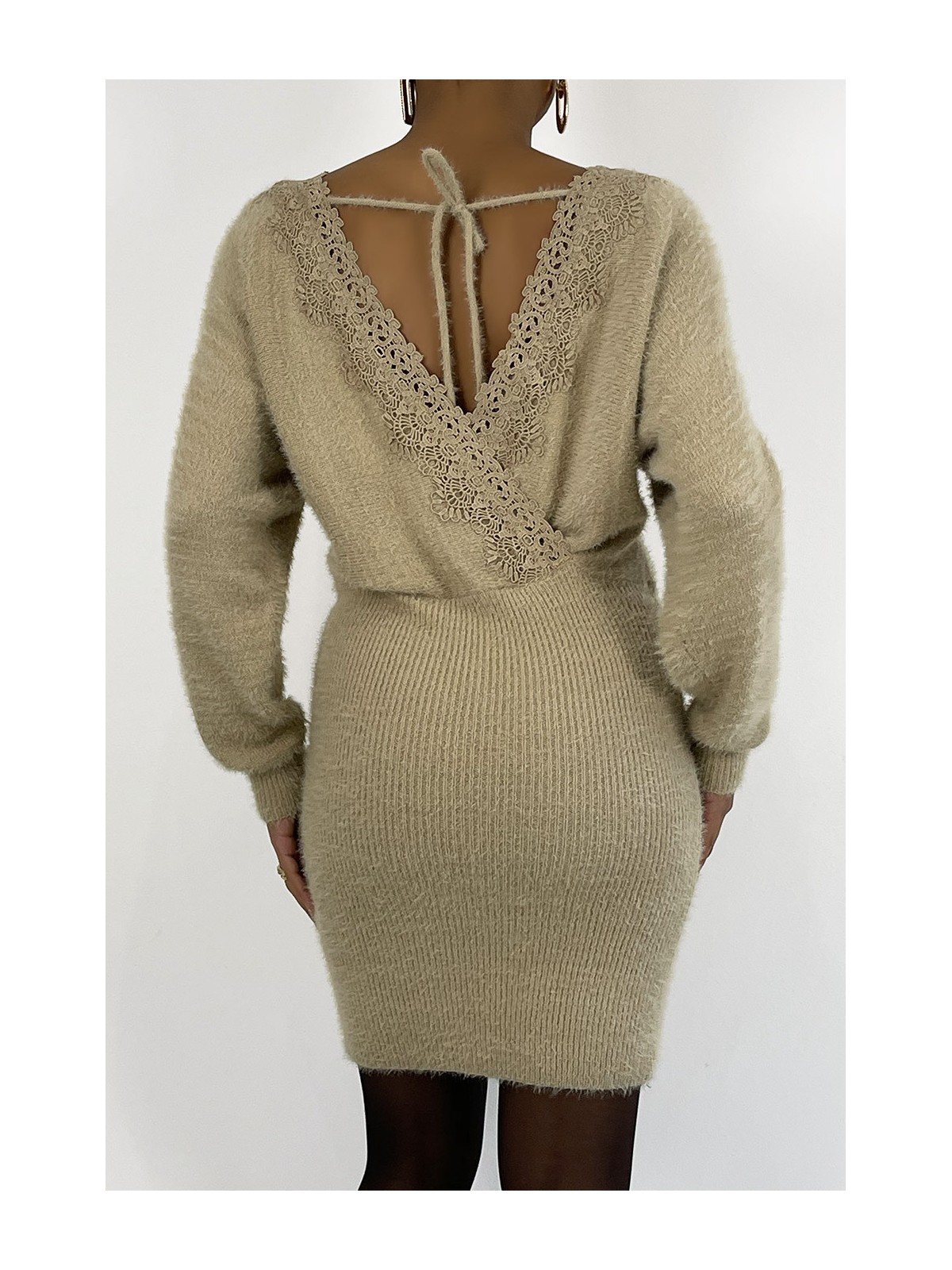 Robe moulante taupe col V hyper douce à poils et décolleté plongeant au dos - 3