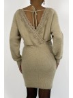 Robe moulante taupe col V hyper douce à poils et décolleté plongeant au dos - 3