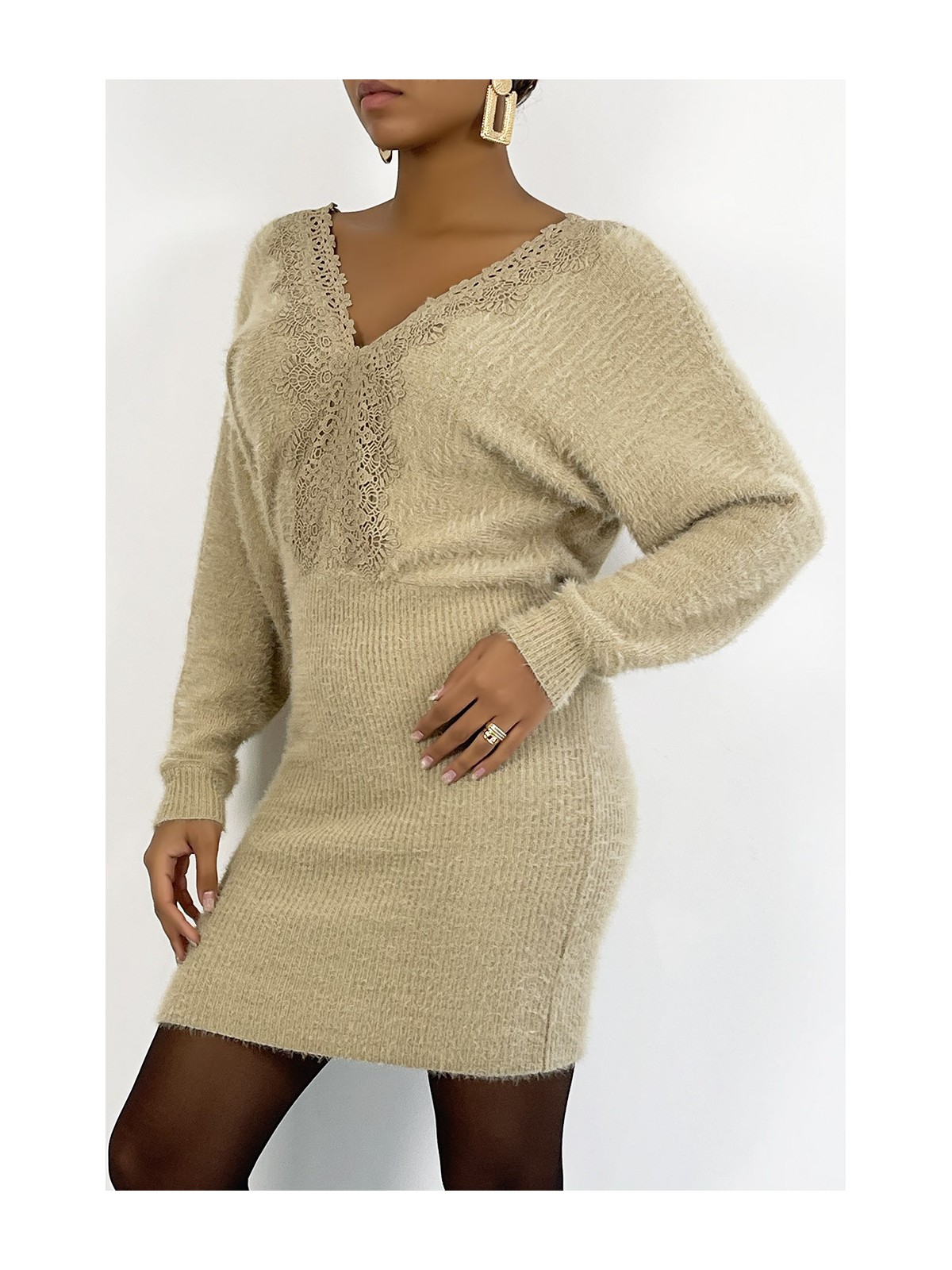 Robe moulante taupe col V hyper douce à poils et décolleté plongeant au dos - 4