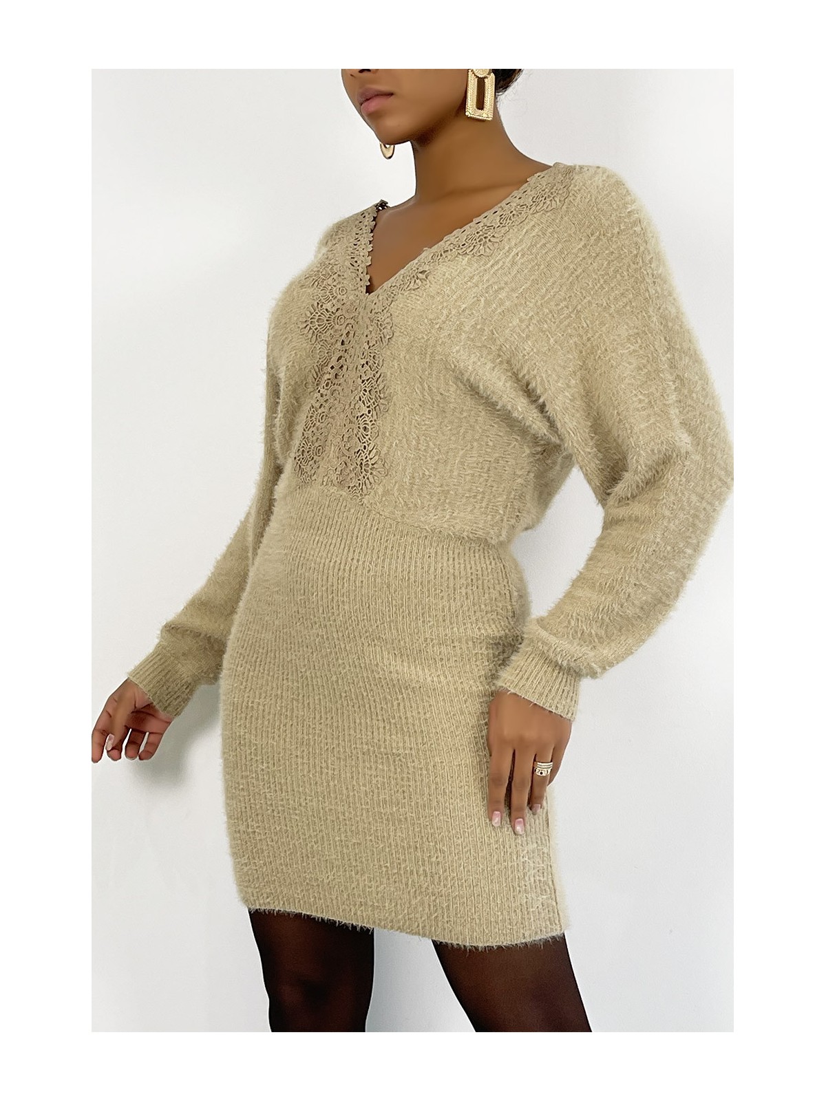 Robe moulante taupe col V hyper douce à poils et décolleté plongeant au dos - 5