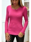 Pull fuchsia col rond en maille tricot très extensible et très doux - 1