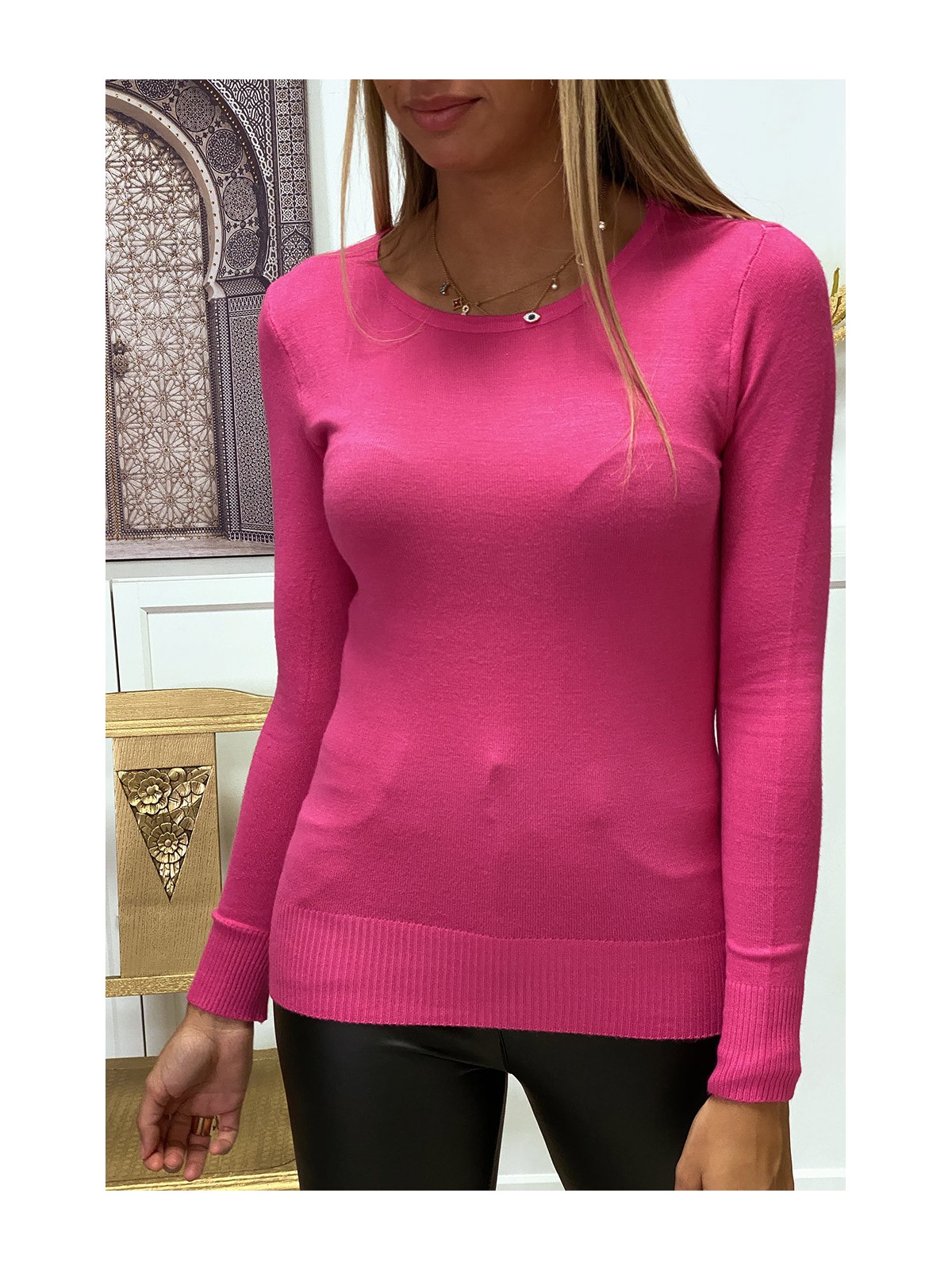 Pull fuchsia col rond en maille tricot très extensible et très doux - 2