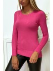 Pull fuchsia col rond en maille tricot très extensible et très doux - 3