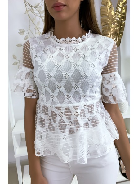 Blouse blanche avec joli motifs dentelle et volant - 1