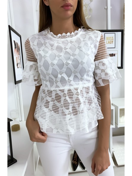 Blouse blanche avec joli motifs dentelle et volant - 3