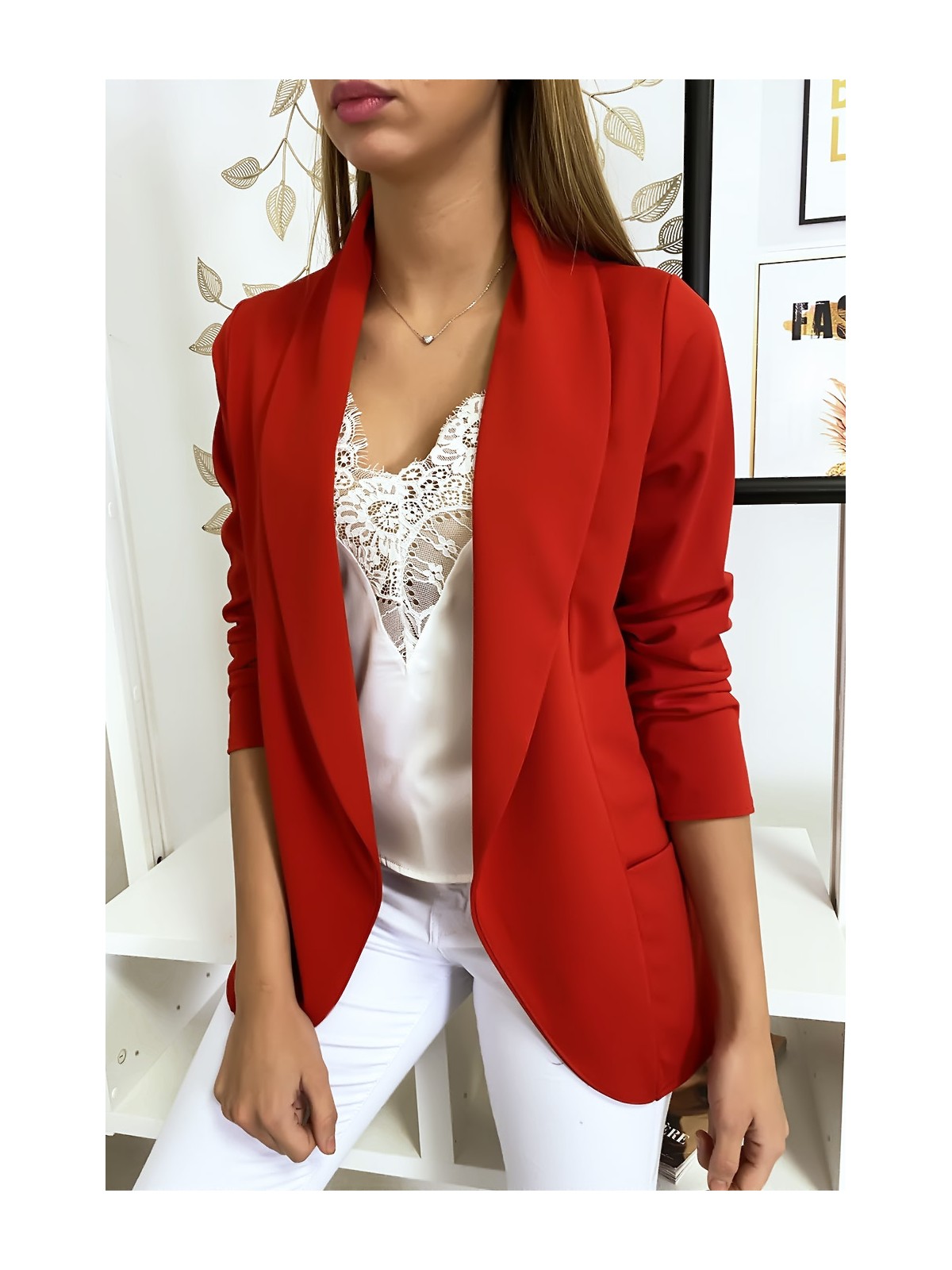 Veste Blazer rouge col châle avec poches. Blazer femme 1526 - 1