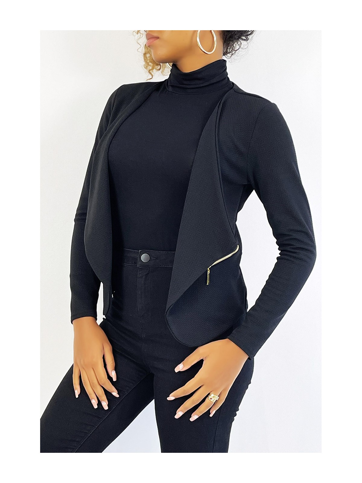 Blazer noir col revers avec poches à zip. Blazer femme pas cher - 3