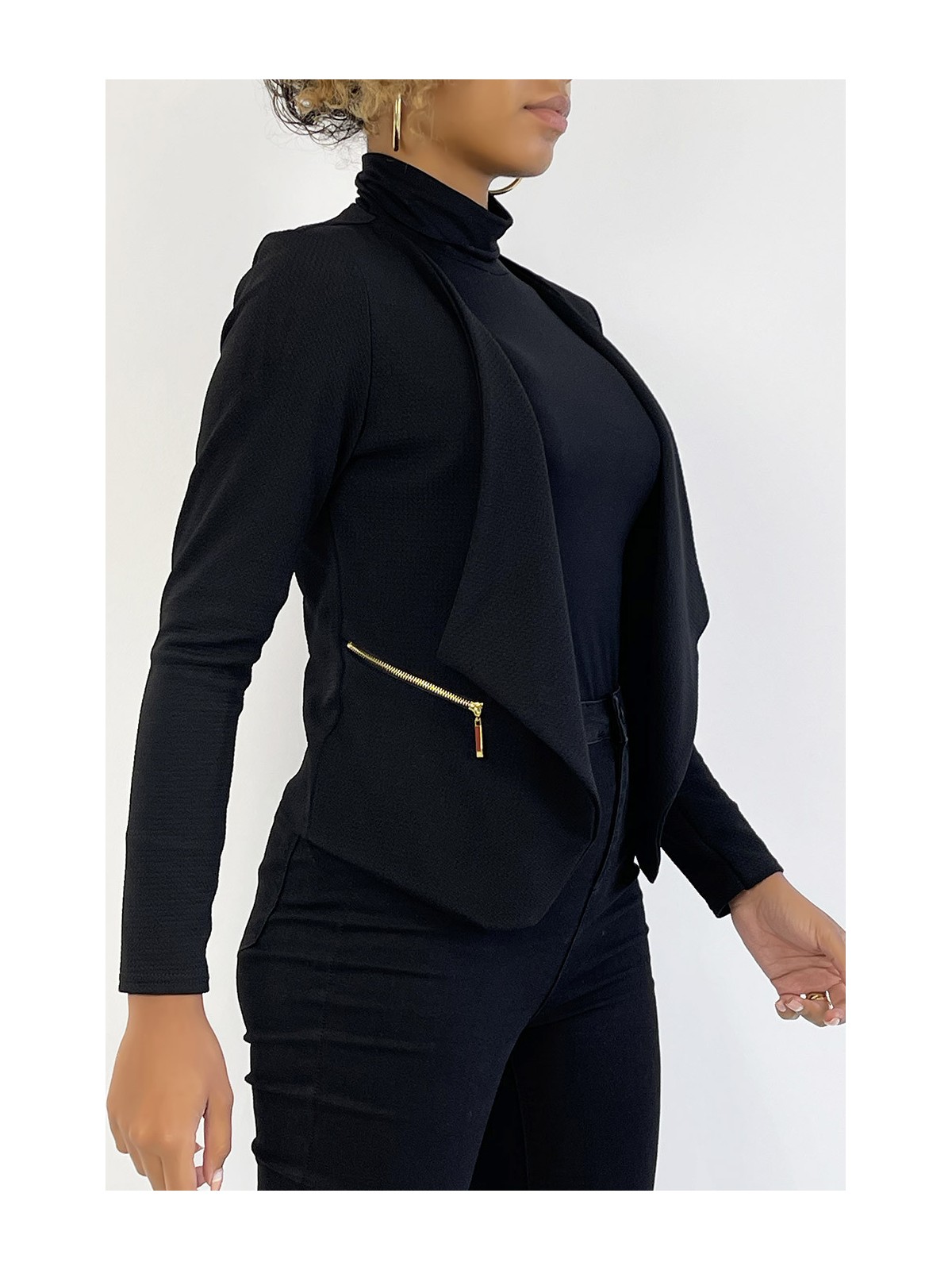 Blazer noir col revers avec poches à zip. Blazer femme pas cher - 6