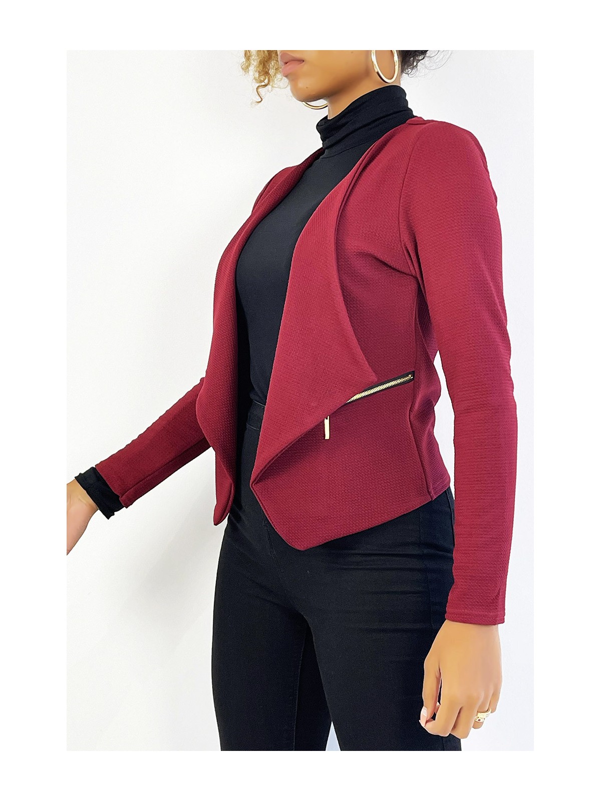 Blazer bordeaux col revers avec poches à zip. Blazer femme pas cher - 1