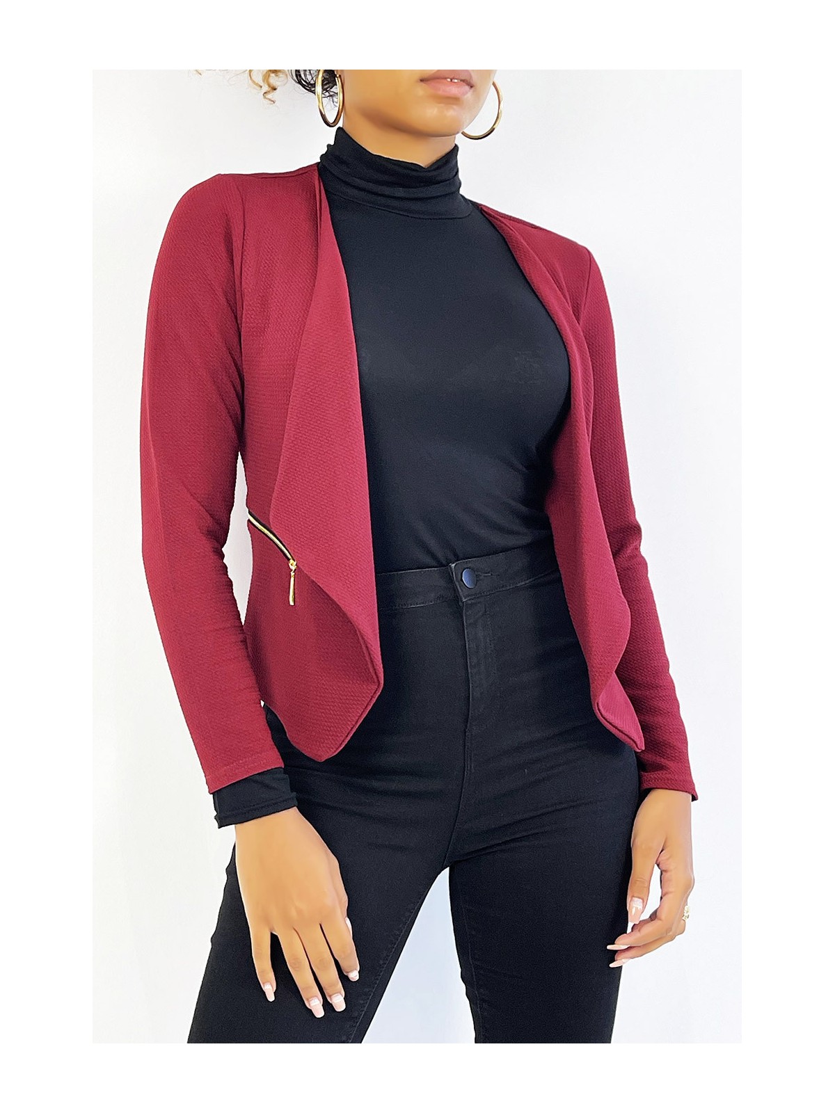 Blazer bordeaux col revers avec poches à zip. Blazer femme pas cher - 2