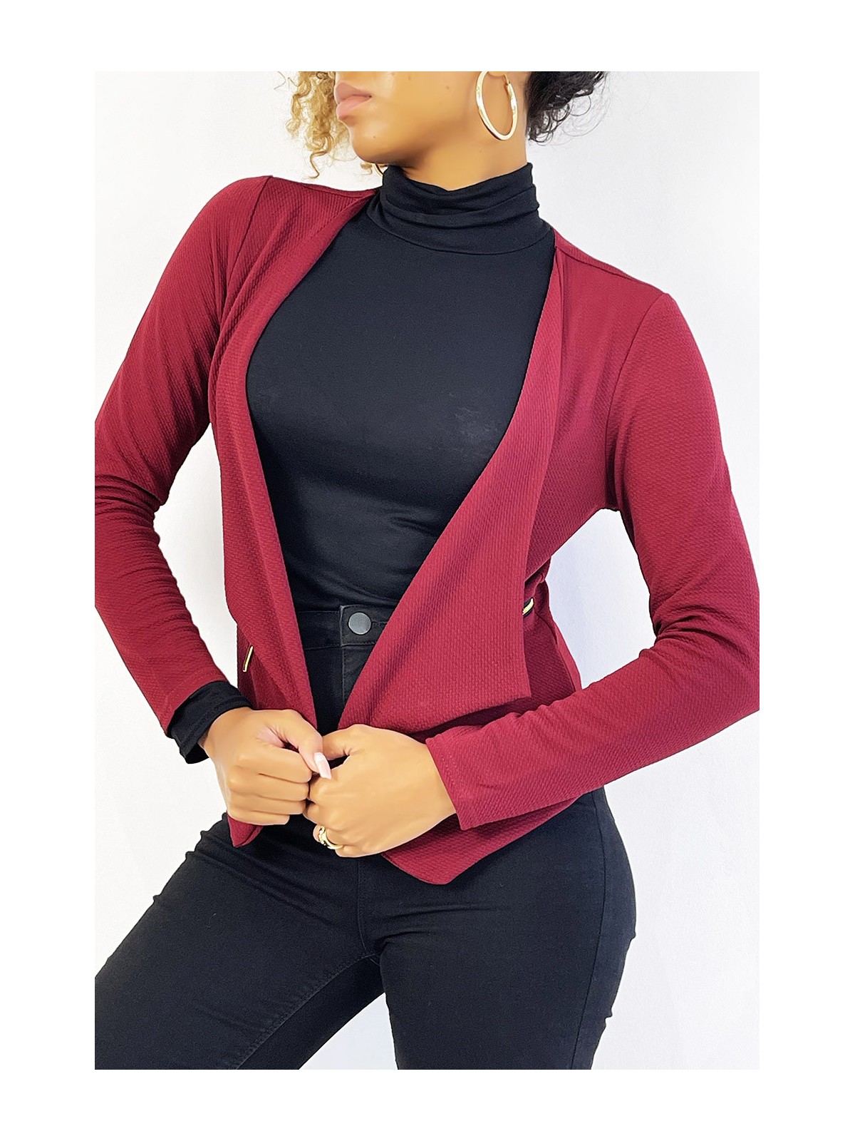 Blazer bordeaux col revers avec poches à zip. Blazer femme pas cher - 4