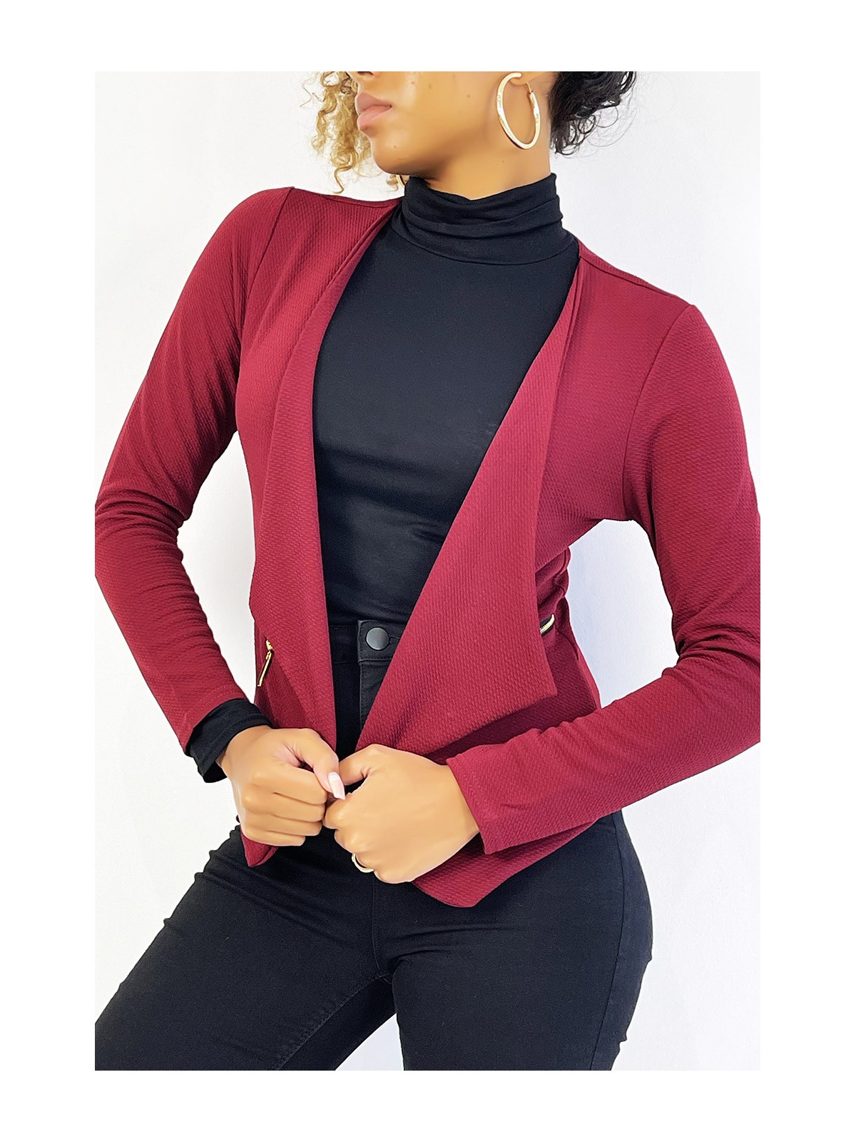 Blazer bordeaux col revers avec poches à zip. Blazer femme pas cher - 5