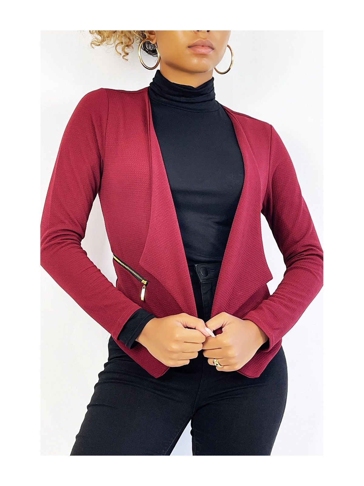 Blazer bordeaux col revers avec poches à zip. Blazer femme pas cher - 6