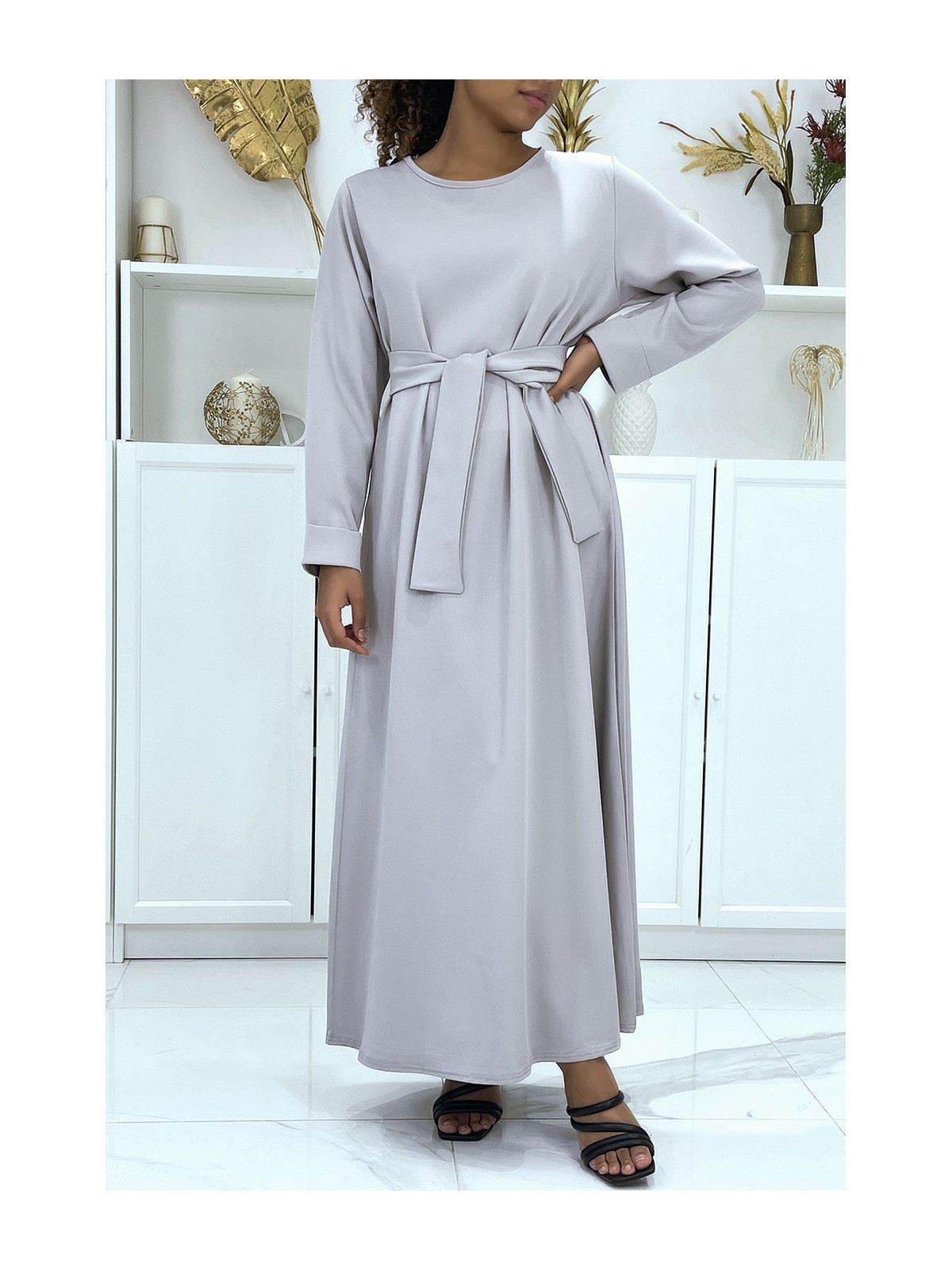 Longue abaya grise avec poches et ceinture - 3