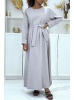 Longue abaya grise avec poches et ceinture - 3