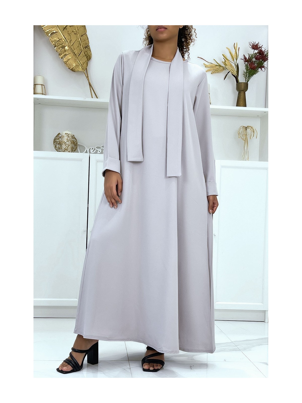 Longue abaya grise avec poches et ceinture - 4