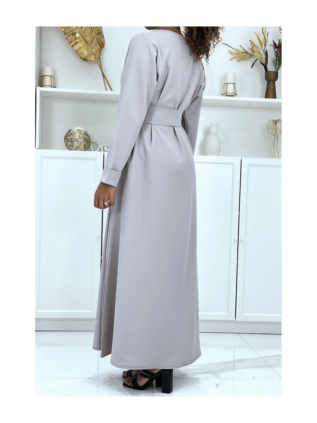 Longue abaya grise avec poches et ceinture - 5