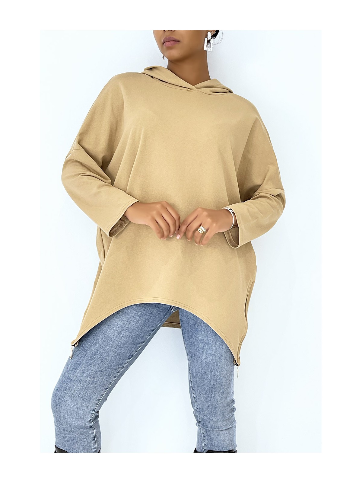 Sweat camel à capuche style asymétrique et loose avec fermeture sur le côté - 1