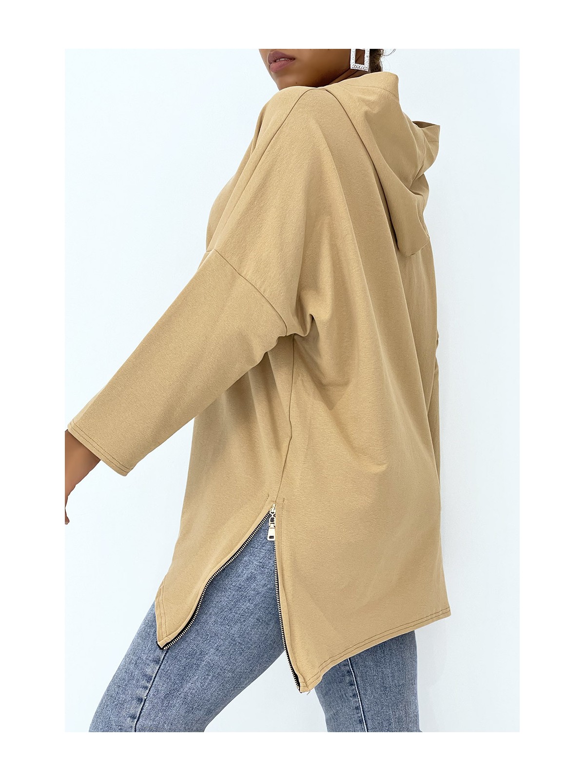 Sweat camel à capuche style asymétrique et loose avec fermeture sur le côté - 3