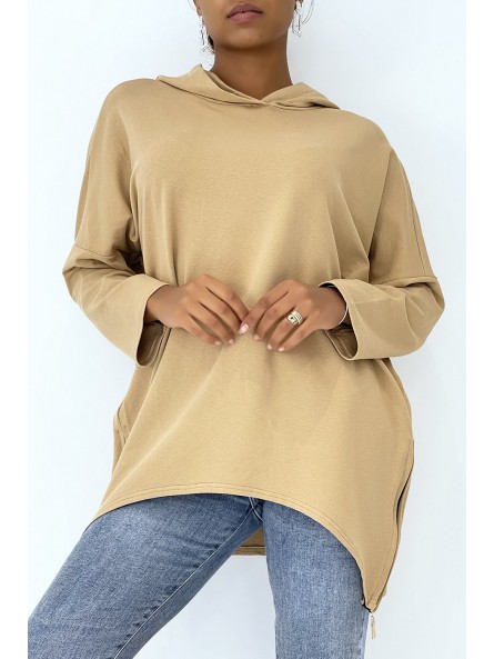 Sweat camel à capuche style asymétrique et loose avec fermeture sur le côté - 5