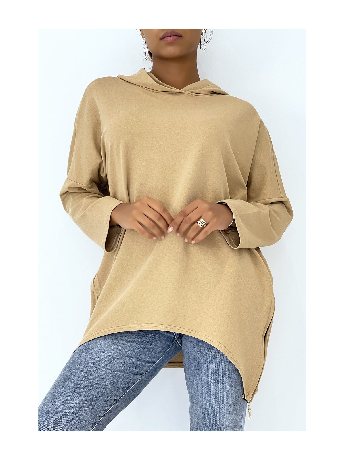 Sweat camel à capuche style asymétrique et loose avec fermeture sur le côté - 5