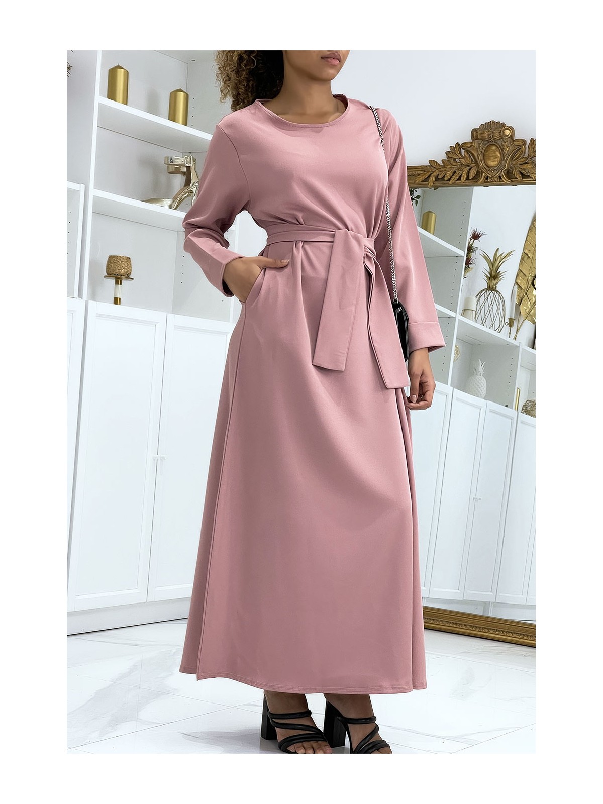 Longue abaya rose avec poches et ceinture - 1