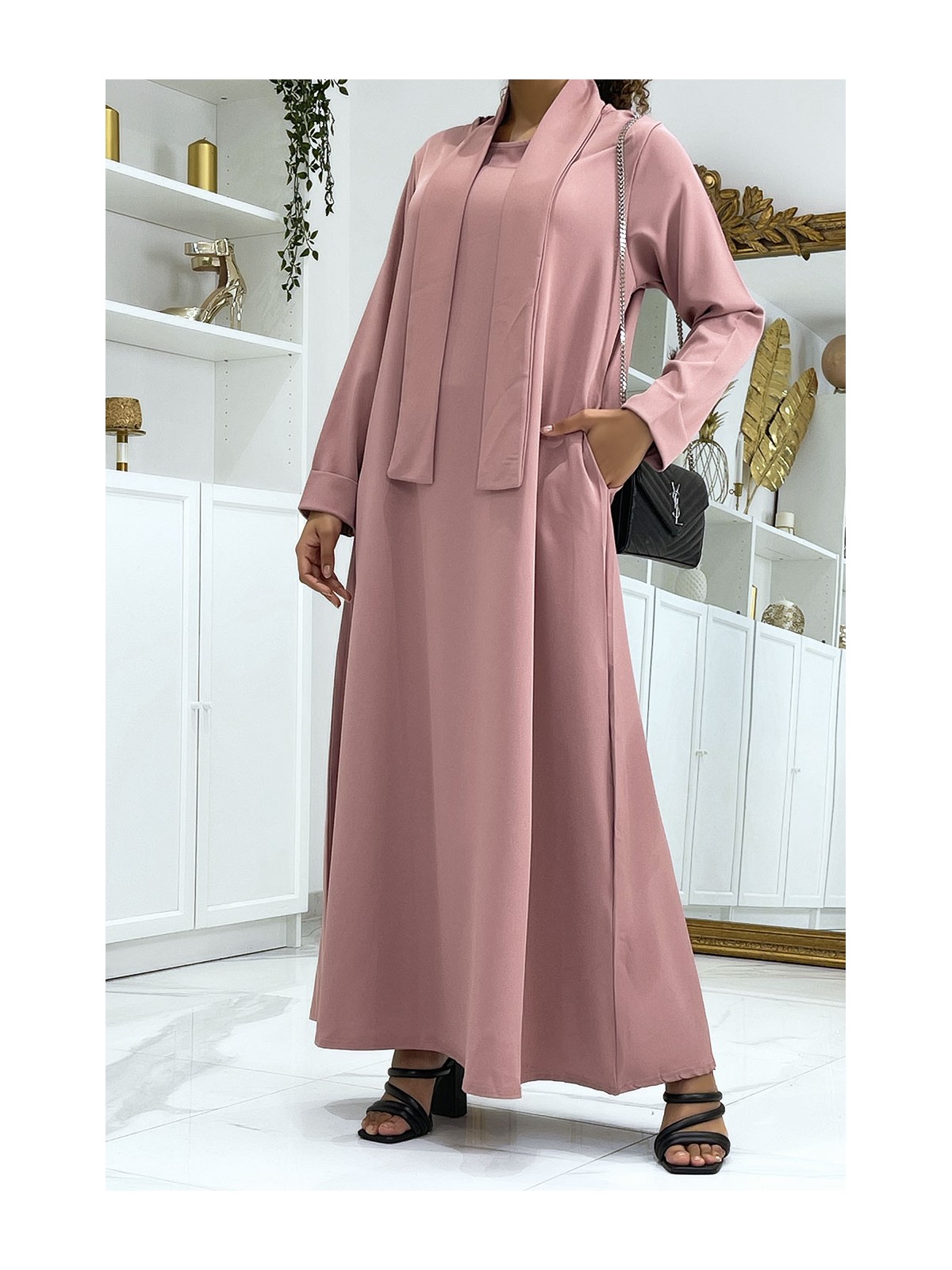 Longue abaya rose avec poches et ceinture - 2