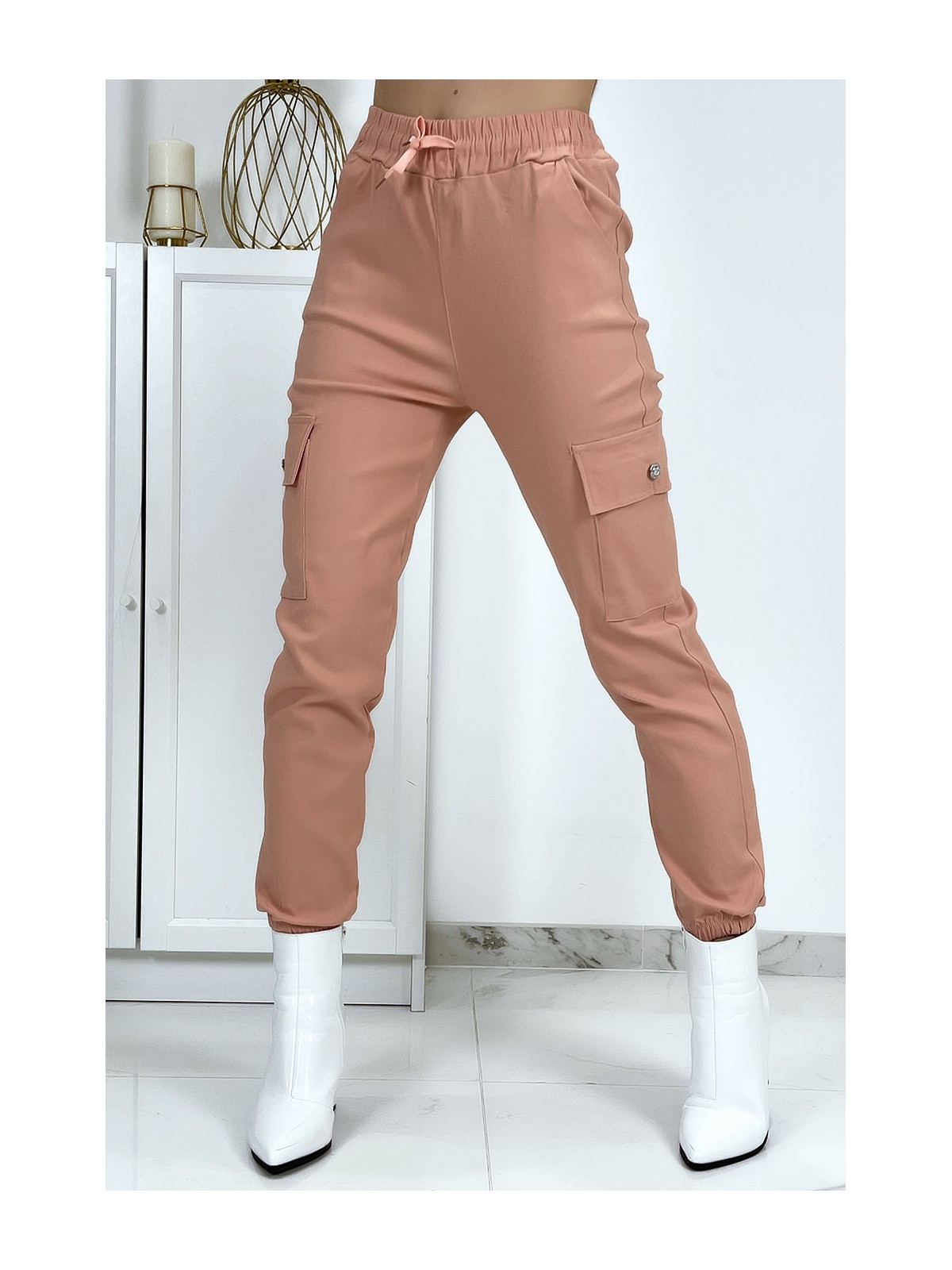 Pantalon treillis rose en strech avec poches - 1