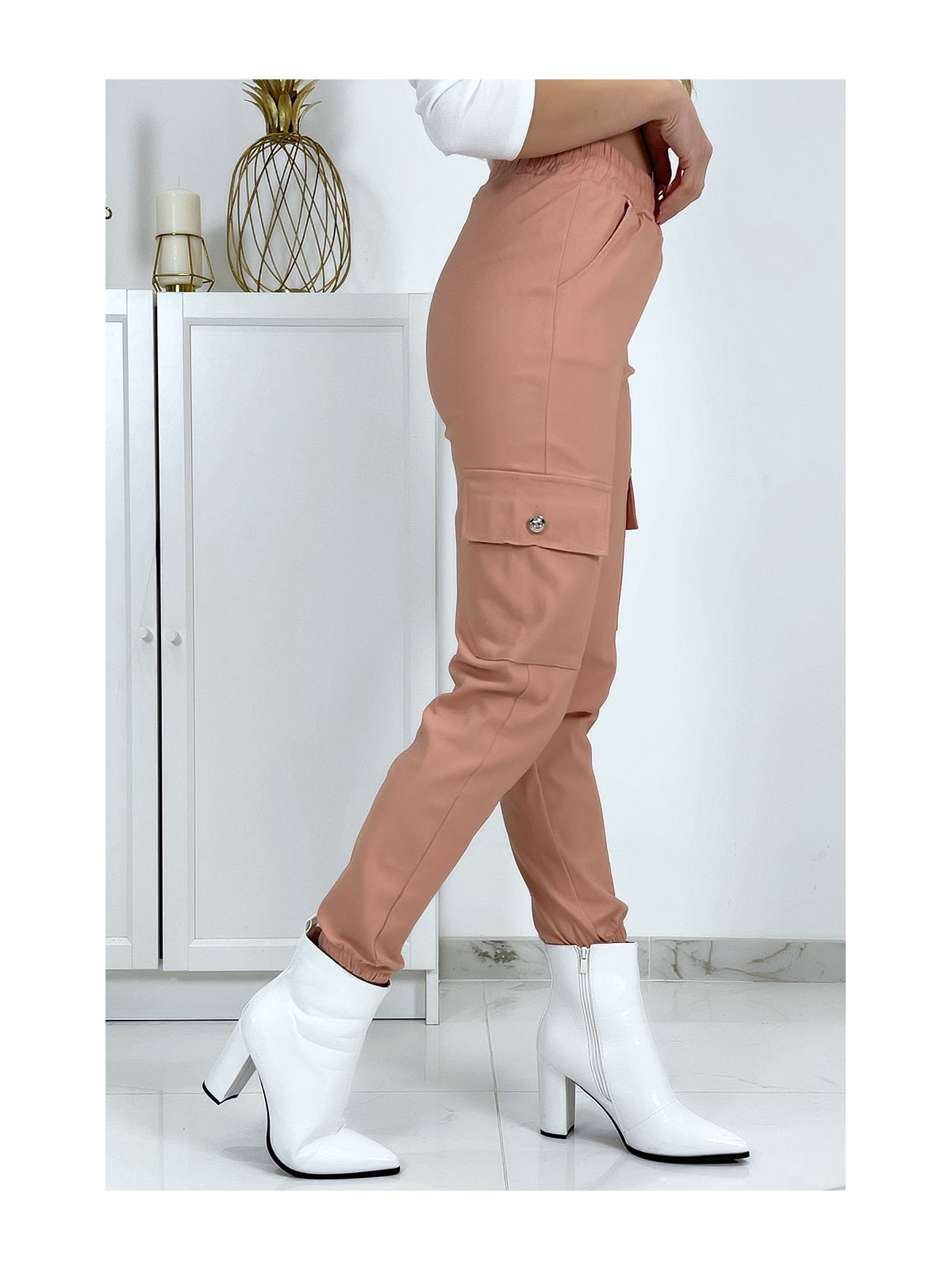 Pantalon treillis rose en strech avec poches - 2