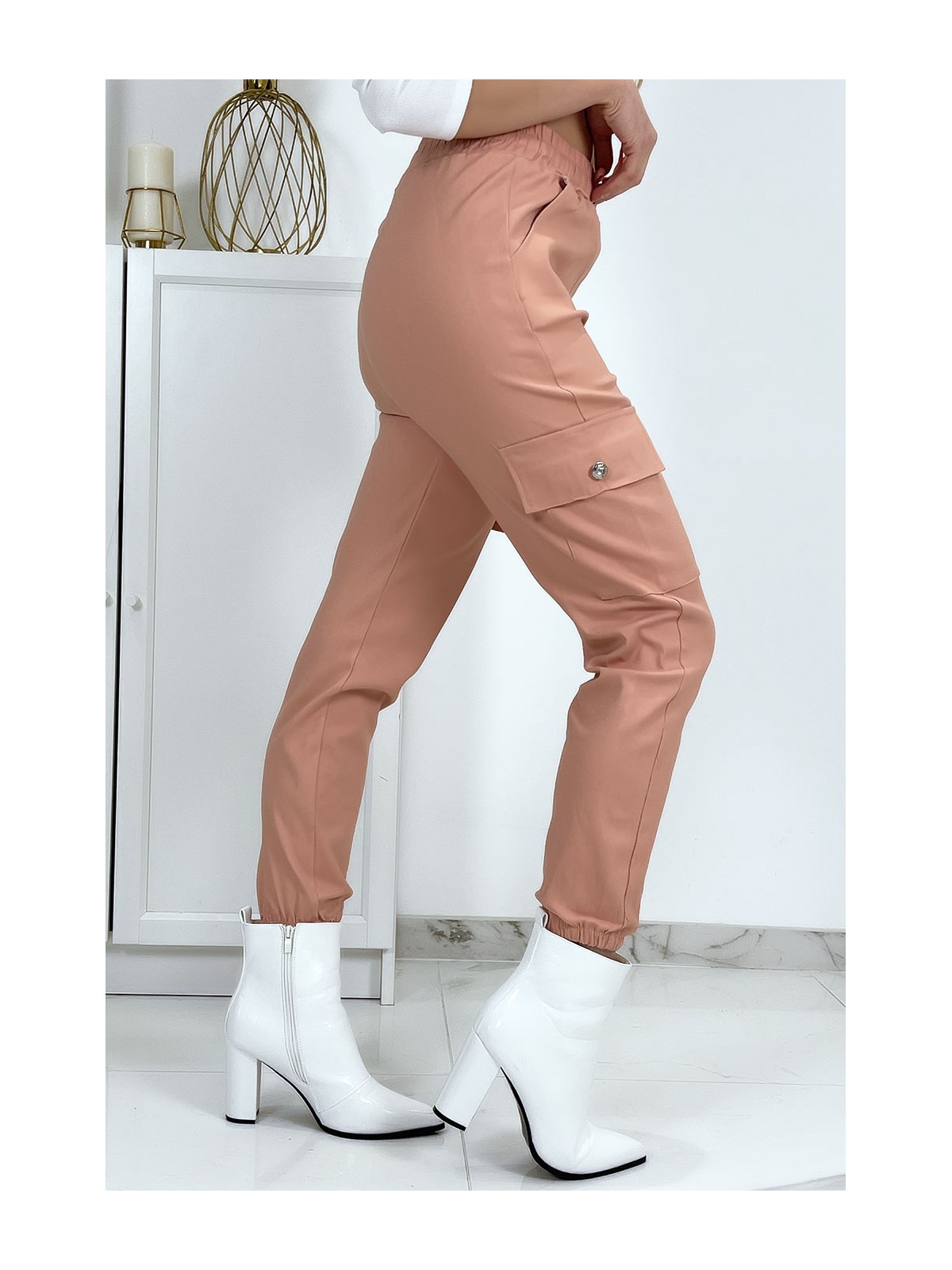 Pantalon treillis rose en strech avec poches - 3