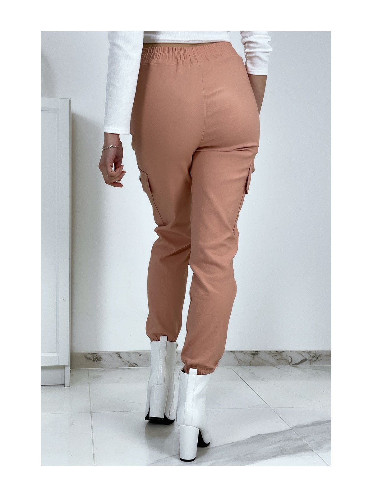 Pantalon treillis rose en strech avec poches - 4