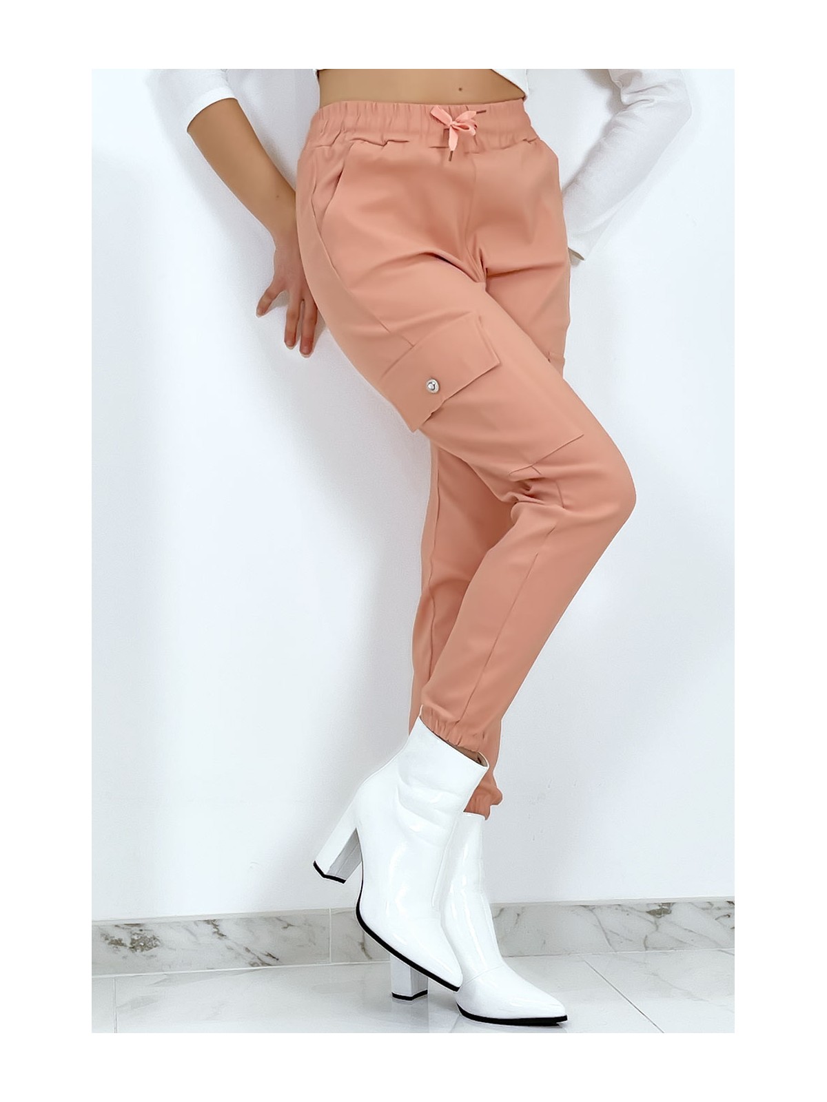 Pantalon treillis rose en strech avec poches - 5