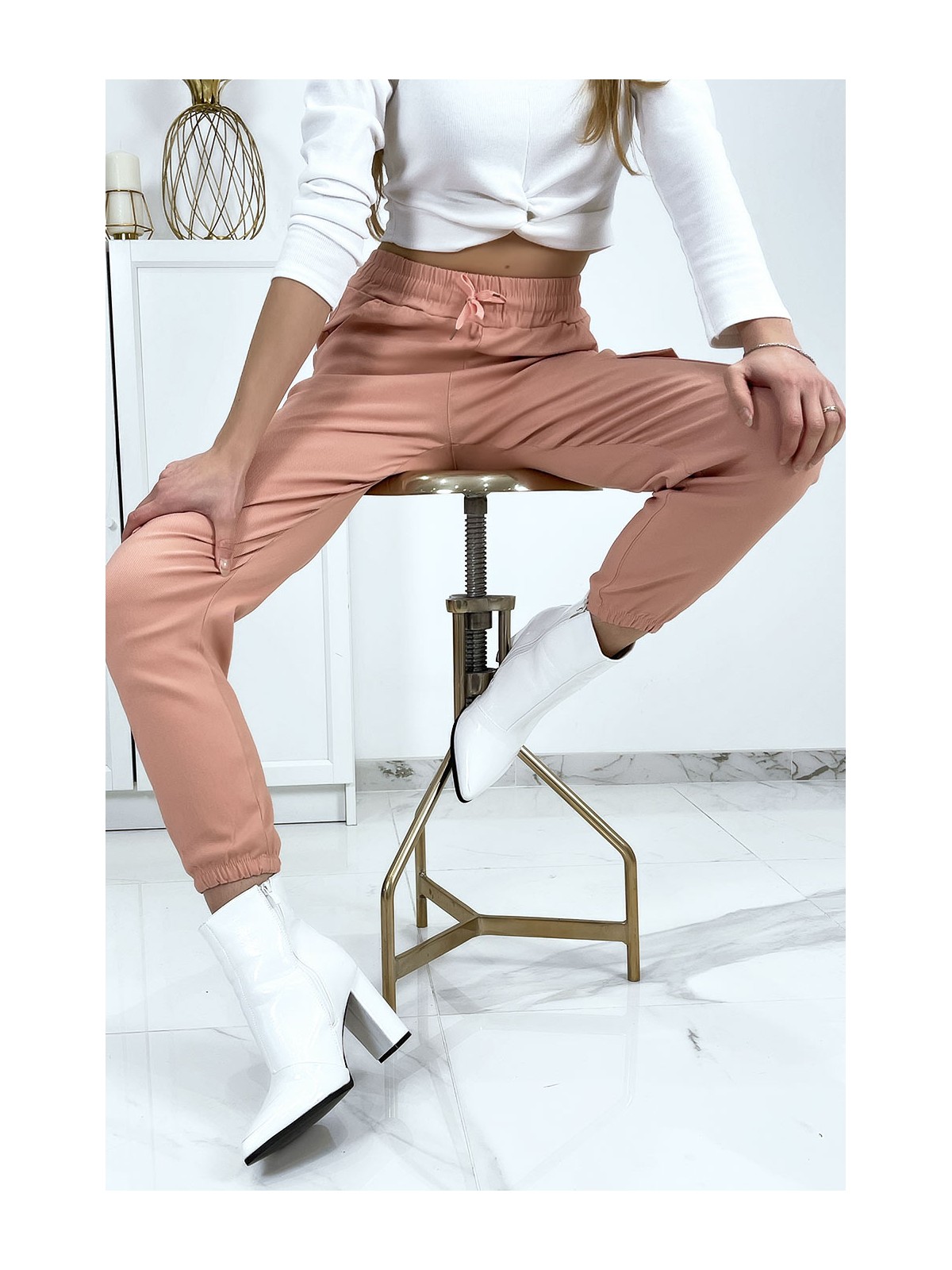 Pantalon treillis rose en strech avec poches - 6