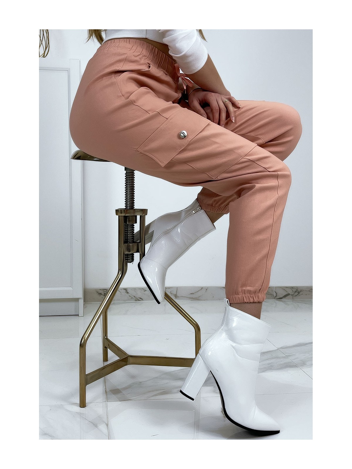 Pantalon treillis rose en strech avec poches - 7