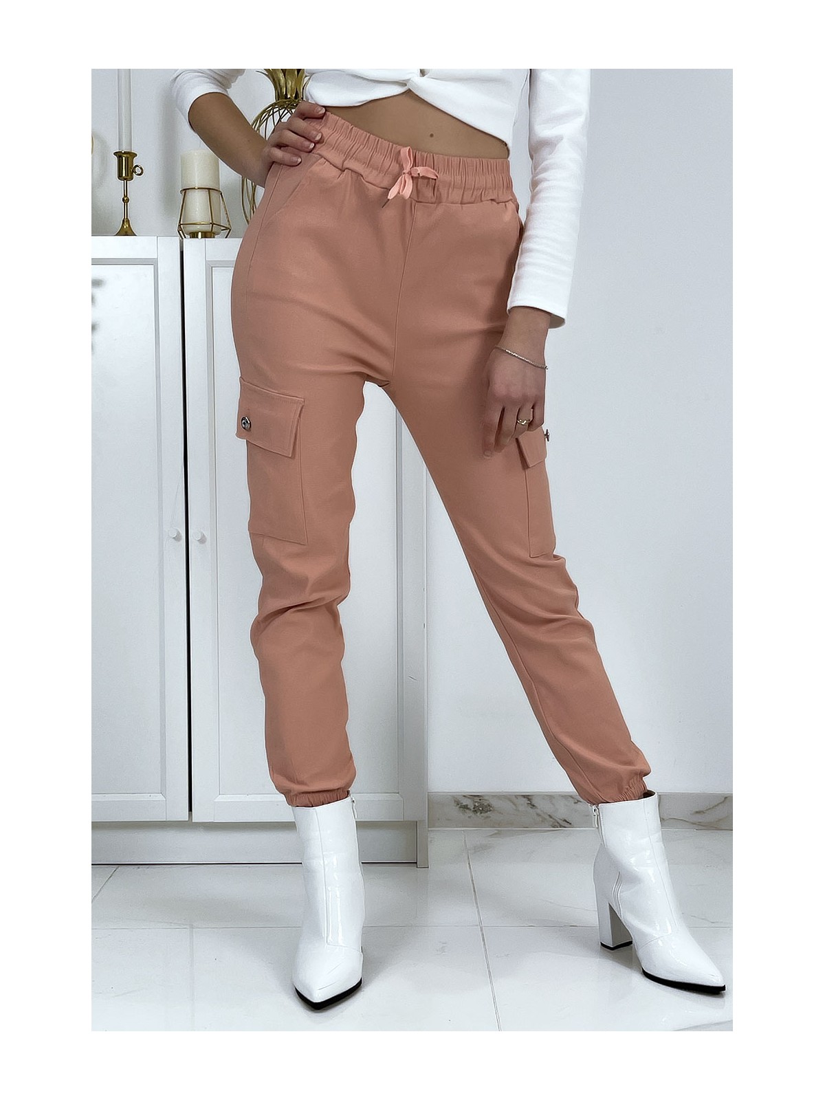 Pantalon treillis rose en strech avec poches - 8