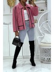 Manteaux fuchsia style aviateur en moumoute avec jolies bandes simili cuir chaud et doux - 1