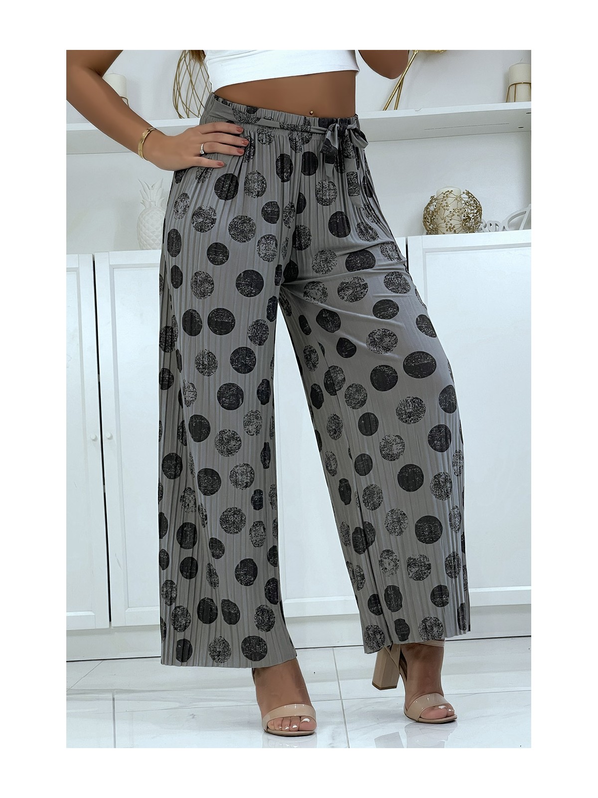 Pantalon palazzo plissé gris avec motif - 3