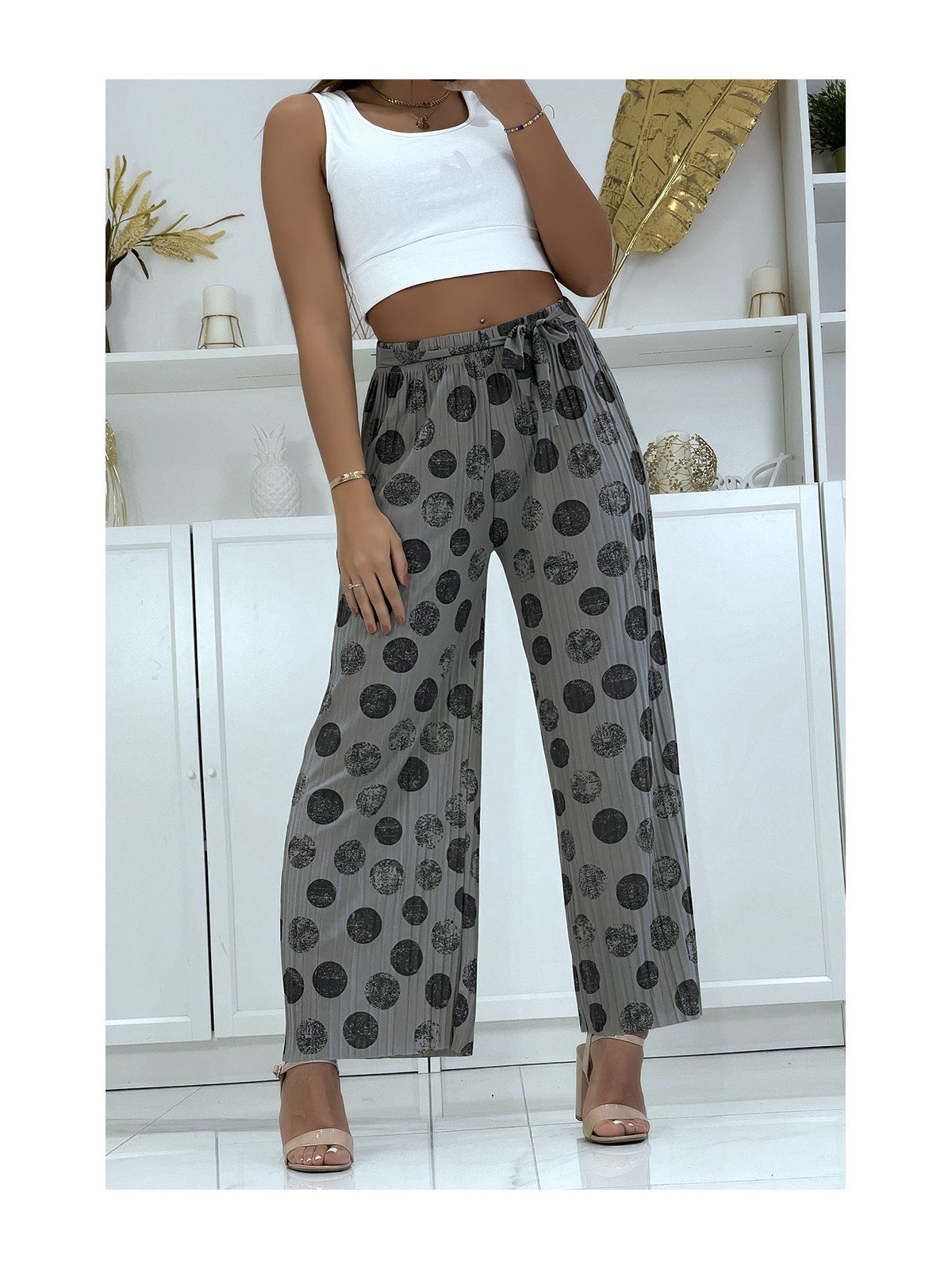 Pantalon palazzo plissé gris avec motif - 4