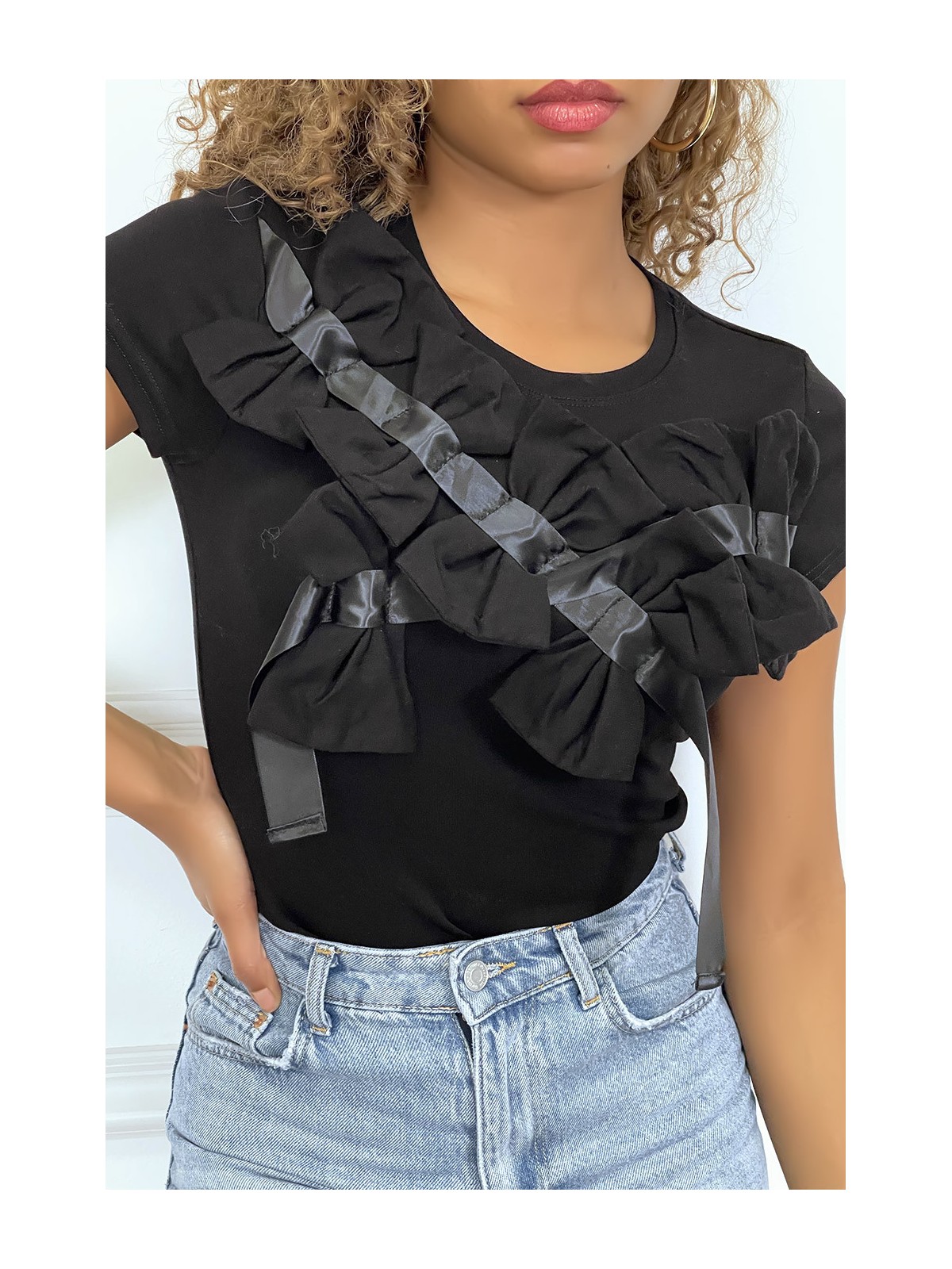 T-shirt noir manches courtes, avec des noeuds - 5